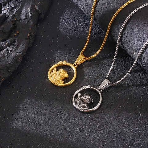 Cute Panda Pendant Hollow Round Circular Stainless Steel Animal Jewelry Carved Bamboo Design Hip Hop Punk Style