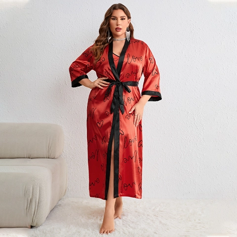 Plus Size Damen Satin Bademantel Und Träger Nachthemd Herz Print V-Ausschnitt Gürtel Homewear Satinnimitat