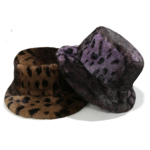 Cappello Alla Pescatora Donna Leopardato Sfumato Pelliccia Sintetica Caldo Peluche Inverno Chic