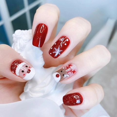 Christmas Press On Nails Reusable Full Cover Glossy Artificial False Nail Tips With Santa Reindeer Snowflake For Women
