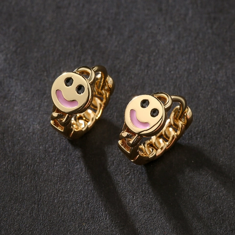 Hoop Ohrringe 18K Vergoldetes Kupfer Pink Emaille Smiley Gesicht Kettenmuster Europäischer Stil Für Damen