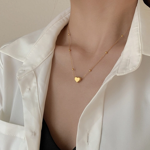 316L Stainless Steel Heart Pendant Necklace For Women PVD Gold Plated Hypoallergenic Water Resistant Satellite Bead Chain Jewelry