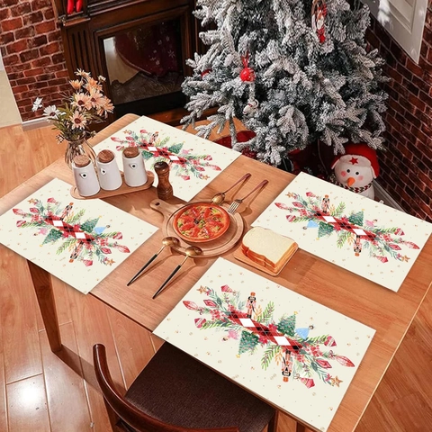 Christmas Placemats Polyester Snowflake Nutcracker Pattern Washable Dining Table Decorations Holiday Party Ambient