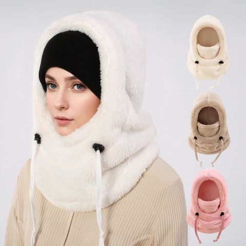 Winter Balaclava Plush Hat Adjustable Drawstring Windproof Warm Neck Warmer Face Mask For Women Outdoor Cycling Sport