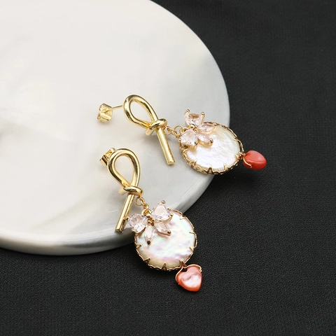 Baroque Freshwater Pearl Earrings With Zircon Bow And Red Heart Pendant 18K Gold Plated 925 Sterling Silver Earring Post