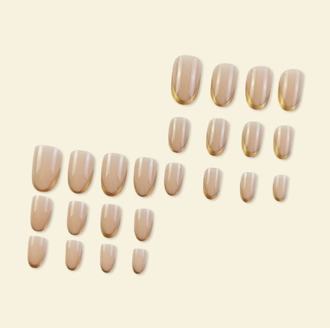 Unghie Finte French Punta Metallica Dorata Mandorla Rosa Nudo Unghie Artificiali Lucide Manicure Rimovibile
