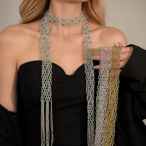 Vintage Light Luxury Crystal Beaded Tassel Scarf Necklace For Women Long Handcrafted Glass Bead Sweater Chain Fashion Jewelry Accessory