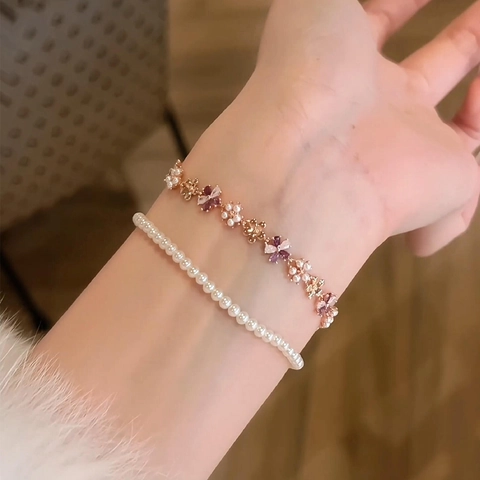 Pulsera De Flor Con Circón Y Perla Artificial De Imitación Tono Oro Rosa Joyería Elegante Para Mujer Accesorio Moda