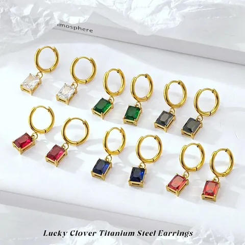 Boucles d'Oreilles Créoles Géométriques en Acier Inoxydable Luxe Léger Avec Pendentif Strass Rectangulaire Bijoux Femme