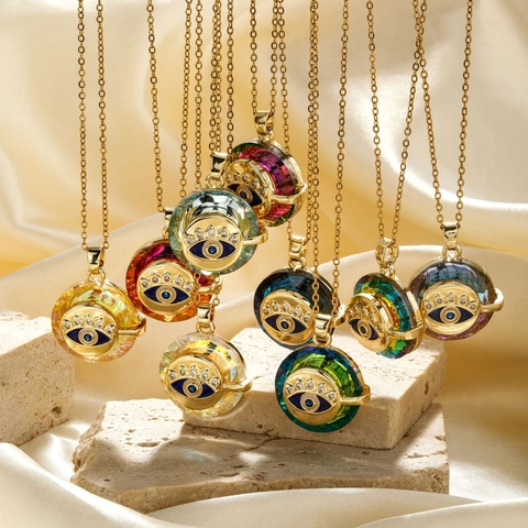Fashion Stainless Steel Evil Eye Pendant Necklace Gold Plated Multifaceted Artificial Crystal Rhinestone Jewelry For Women
