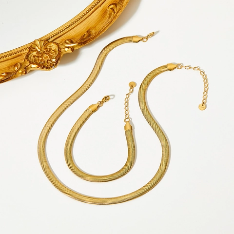 Flat Snake Bone Chain Necklace And Bracelet Jewelry Stainless Steel Herringbone Design Minimalist Gold Silver Tone