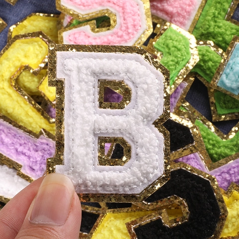 Patchs De Lettres De L Alphabet En Chenille Avec Bordure Dorée Brillante Broderie Serviette À Repasser Pour Décoration De Vêtement Sac Chapeau