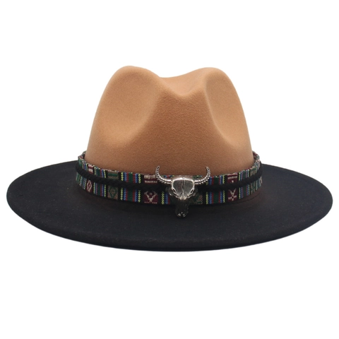 Breitkrempiger Fedora Hut Wollmischfilz Western Cowboy Bullenschädel Metallverzierung Ethnisch Gewebtes Band Zweifarbig