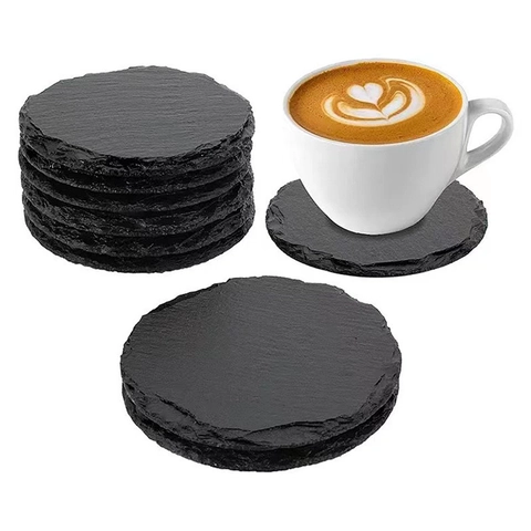 Natural Slate Coasters Black Stone Drink Coaster Heat Resistant Non-Slip Round Square Heart Hexagon Stone Coaster Bar Home Decor