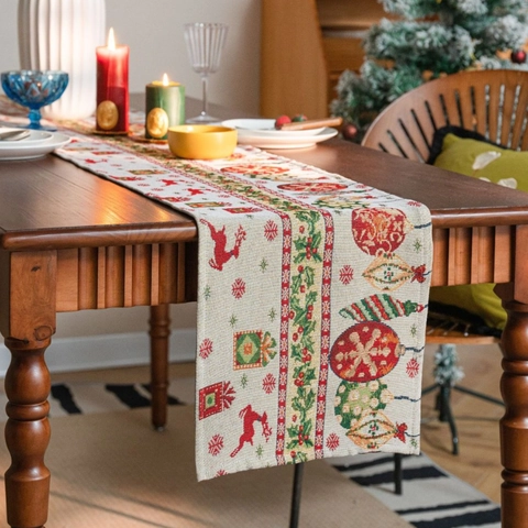 Camino De Mesa Y Mantel Individual Navideño De Jacquard De Algodón Y Poliéster Con Patrón De Renos Y Copos De Nieve