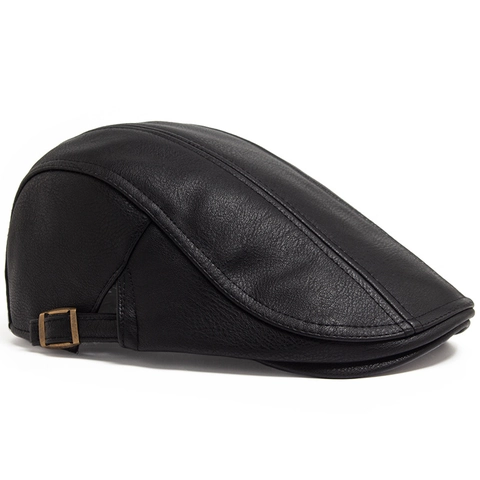 Gorra Plana De Cuero PU Para Hombre Estilo Británico Retro Boina Vintage Hebilla De Metal Ajustable Casual