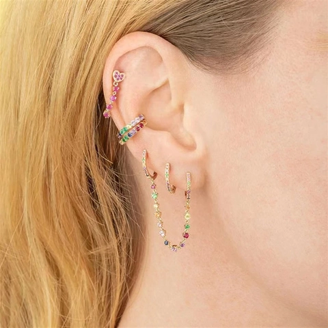 Rainbow Colorful Zircon Chain Linked Double Hoop Earrings Copper 18K Gold Plated Fashion Jewelry For Women