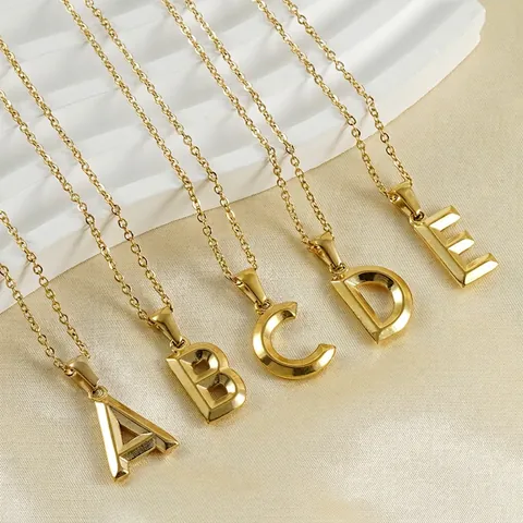 3D Initial Letter Alphabet Pendant Necklace 18K Gold Plated Stainless Steel Mirror Polish Geometric Jewelry Women