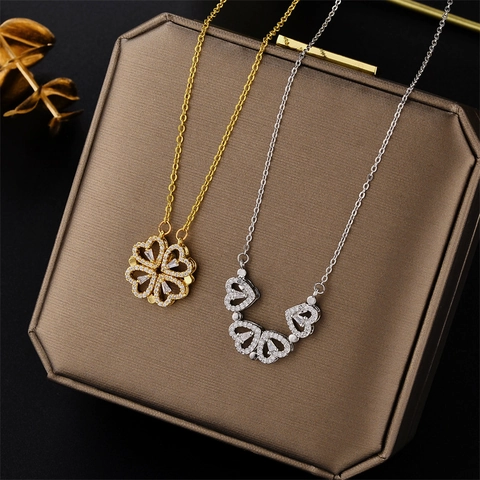 Titanium Steel Transformable Four Leaf Clover Necklace For Women Heart Rhinestone Inlaid Versatile Clavicle Chain Jewelry Gift