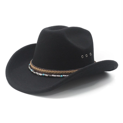 Western Cowboy Hat Felt Wide Brim Fedora Braided Leather Strap Turquoise Beads Ethnic Retro Jazz Sun Hat