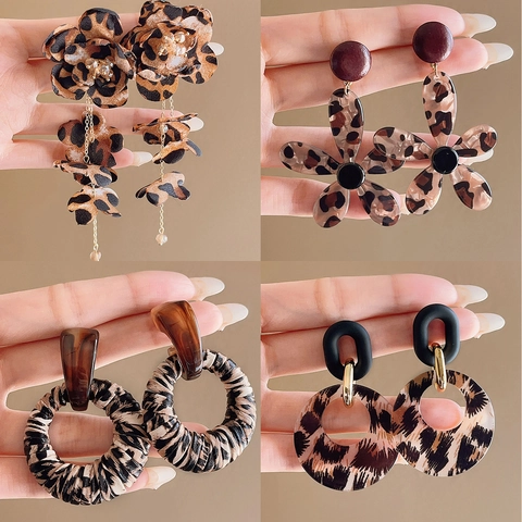 Pendientes De Aro Geométricos De Acrílico Con Estampado De Leopardo Vintage Con 925 Sterling Silver Earring Post Para Mujer