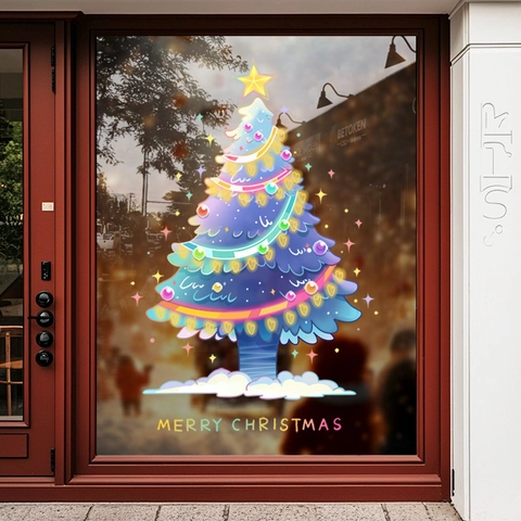 Christmas Tree Window Clings PVC Static Sticker Double Sided Colorful Holiday Glass Decor Cartoon Merry Christmas Decal