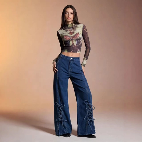 Wide Leg Denim Jeans High Waisted Lace Up Side Cross Tie Straight Loose Retro Vintage Casual Fashion For Women