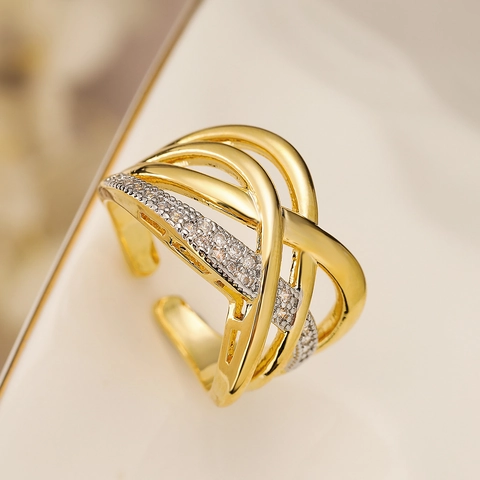 Anello Aperto Geometrico Irregolare Incrociato Donna Rame Placcato Oro Con Zircone Bianco Inlay Gioielli Vintage Regolabili
