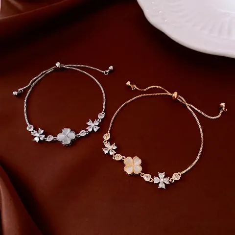 Cat Eye Stone Clover Flower Bracelet Copper Zircon Inlaid Adjustable Slider Link Chain For Women Elegant Jewelry