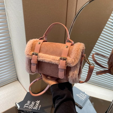 Damen Plüsch Kunstfell Kleine Quadratische Umhängetasche Mit PU Leder Wildleder Nähten Metall Schnalle Vintage Handtasche