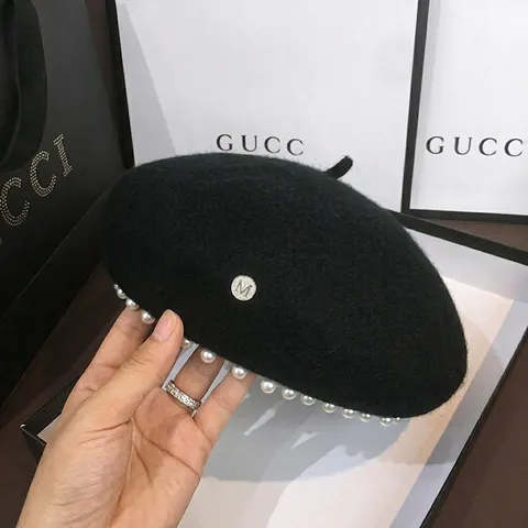 Vintage Britse Wollen Baret Voor Vrouwen Kinderen Parel Versierde Franse Schildersmuts Met Metalen M Logo Winter Warme Muts