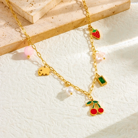 Collana In Acciaio Inossidabile Da Donna Pendente Frutta Ciliegia Fragola Elefante Perla Artificial Sintetica Stile Pastorale Dolce Gioielli