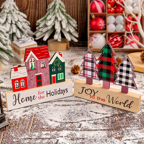 Christmas Wooden Desktop Ornaments Plaid Trees And House Table Decorations Holiday Home Decor Painted Festive Gift