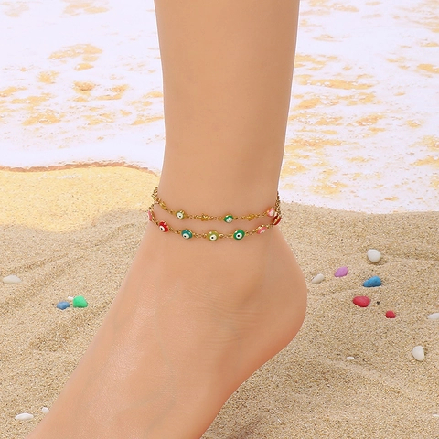 Evil Eye Anklet For Women Stainless Steel Resin Colorful Beads Boho Summer Beach Jewelry 18K Gold Plated Star Charm