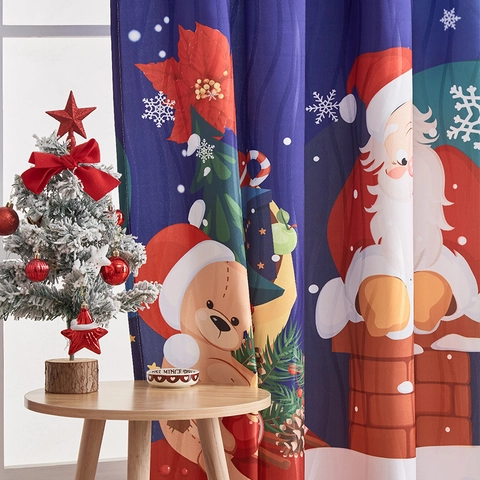 Christmas Printed Curtains Polyester Santa Claus Snowman Reindeer Pattern Semi Blackout Holiday Home Decor Window Drapes