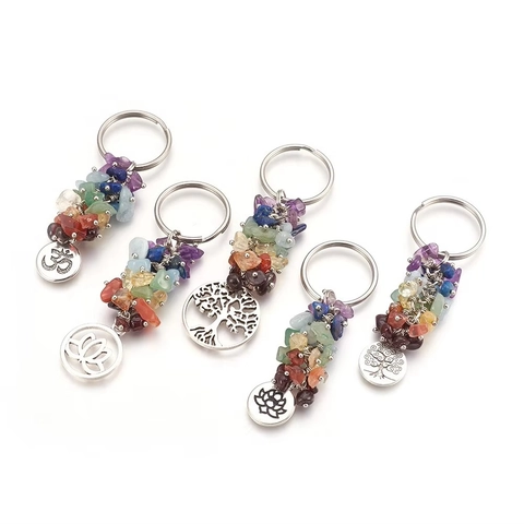 Colorful Natural Crystal Chip Seven Chakra Keychain With Life Tree Lotus Om Metal Pendant Spiritual Yoga Healing Stone Keyring For Women Men Backpack Accessories