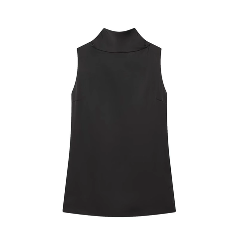 Top Senza Maniche In Raso Di Acetato Con Collo Alto E Fiocco E Pantaloni A Gamba Larga Elegante Nero Streetwear Moda