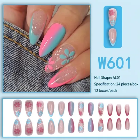 Press On Nails Lang Mandel Blau Rosa Verlauf Blumenmuster Silber Glitzer Kunstnägel Für Frauen