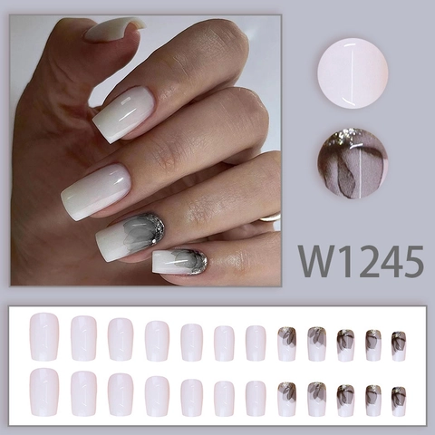 Ink Wash Flower Press On Nails Square Elegant Smudge Art False Nails With Glitter Accents For Women