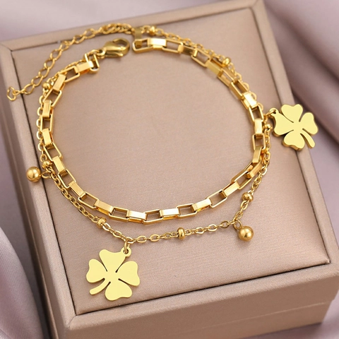Bracciale Moda In Acciaio Inossidabile Doppio Strato Con Ciondolo Quadrifoglio Oro Argento Placcato Gioielli Per Donna