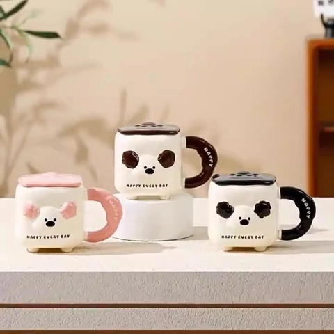 Simpatica Tazza In Ceramica Cucciolo Cartone Animato Con Coperchio Bicchiere Resistente Al Calore Per Casa Ufficio Regalo