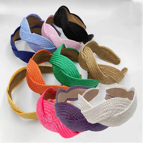 Woven Straw Headbands For Women Wide Brim Cross Knot Boho Hair Bands Retro Raffia Braided Hair Hoop Accessory