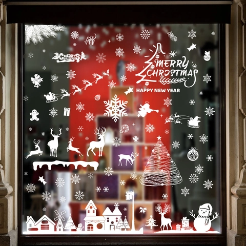 Kerst Vensterstickers Statische Raamstickers Wit Sneeuwvlok Kerstman Rendier Winter Glas Etalage Decoratie