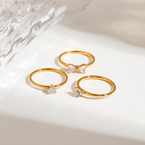 Clover Heart Shape Ring For Women Stainless Steel Zircon Inlaid Elegant Gold Plated Waterproof Jewelry Ins Style