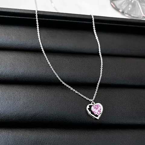 Pink Cubic Zirconia Heart Pendant Necklace Copper Bow Clavicle Chain Sweet Elegant Jewelry For Women