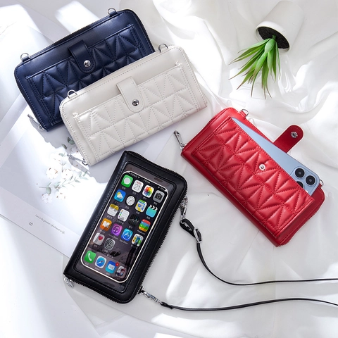 Split Leather Crossbody Phone Bag Wallet With Touch Screen Window Quilted Pattern Adjustable Strap Multi Card Slots