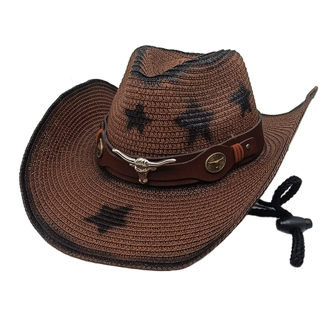 Western Cowboy Straw Hat Vintage Star Pattern Wide Brim Sunshade Beach Outdoor Summer Breathable Wind Rope Bull Head