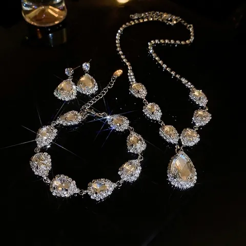 Luxury Waterdrop Rhinestone Alloy Necklace Bracelet Earrings With 925 Sterling Silver Earring Post For Women Wedding Party