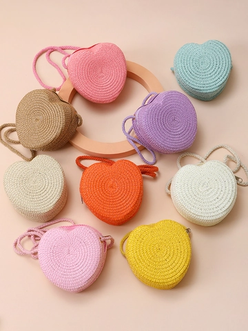 Kids Heart Shaped Straw Crossbody Bag Mini Woven Shoulder Purse For Beach Holiday Cute Style Girls Accessory
