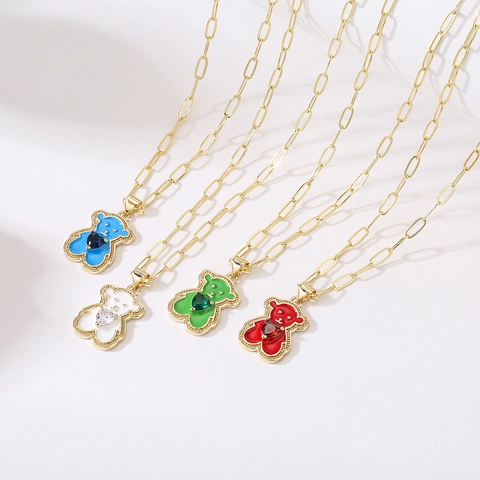 Collier Pendentif Ours Mignon Cuivre Plaqué Or 18K Avec Coeur Zircon Émail Chaîne Tendance Pour Femmes